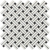 Thassos White Marble Honed Stanza Basketweave Mosaic Tile w/ Black Dots