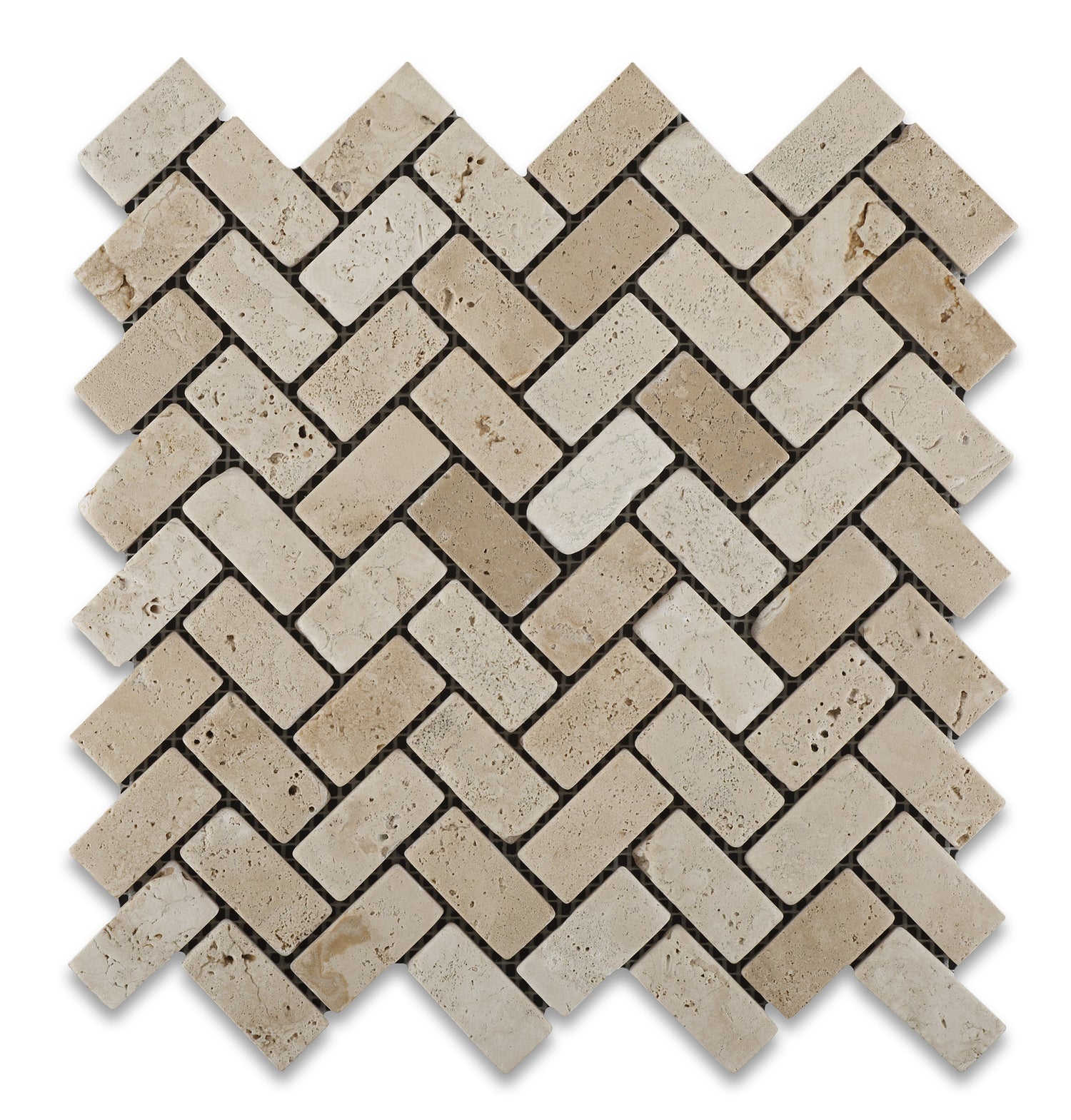 Ivory Travertine Tumbled 1 X 2 Herringbone Mosaic Tile