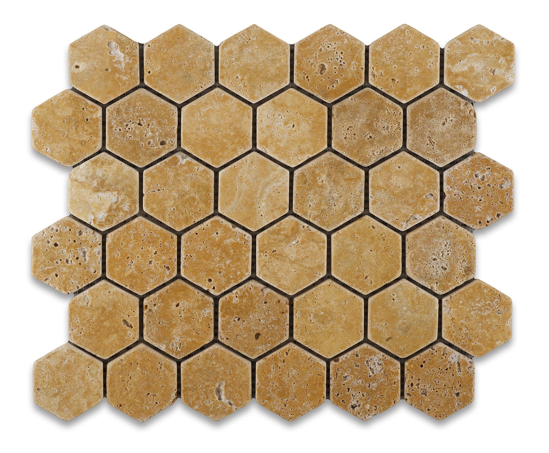 Gold / Yellow Travertine Tumbled 2'' Hexagon Mosaic Tile