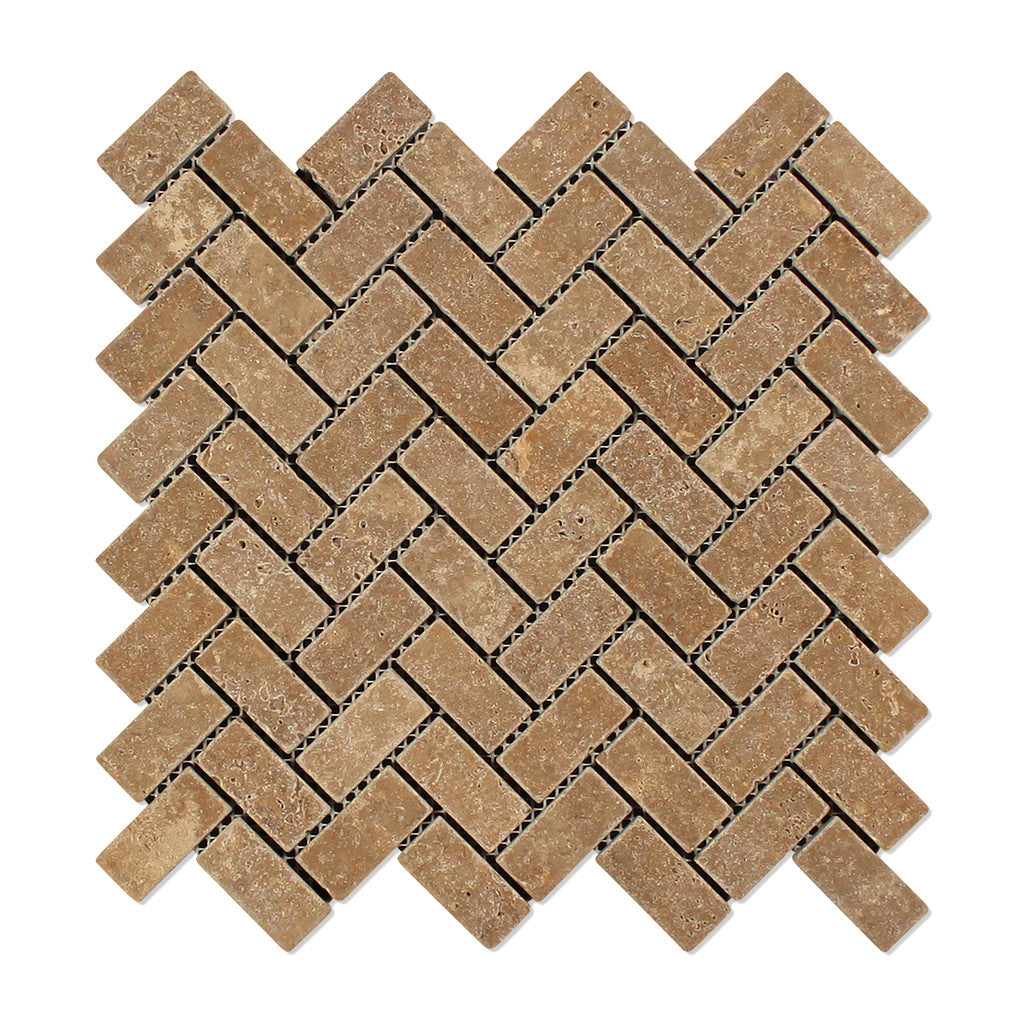 Noce Travertine Tumbled 1 X 2 Herringbone Mosaic Tile