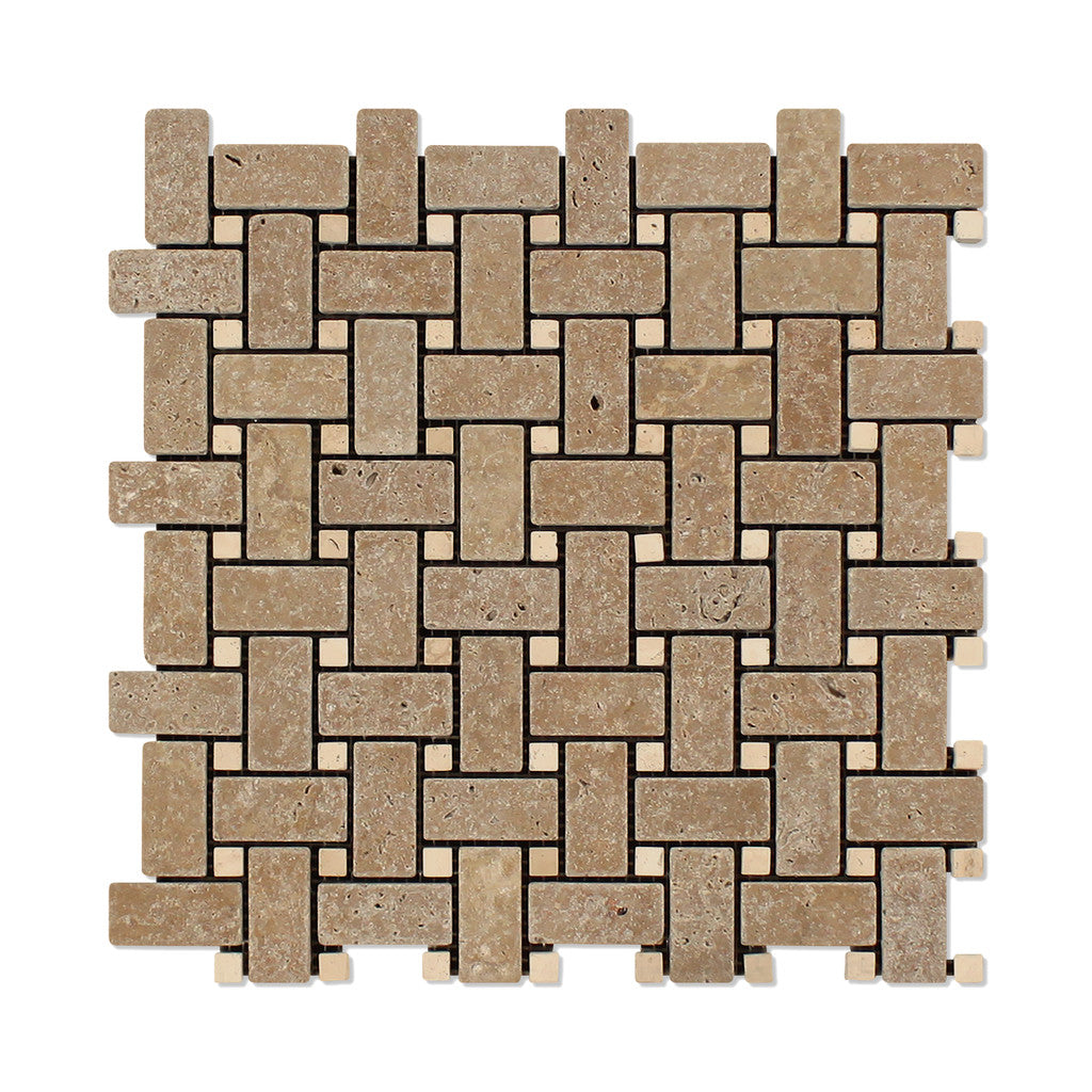 Noce Travertine Tumbled Basketweave Mosaic Tile w/ Ivory Dots