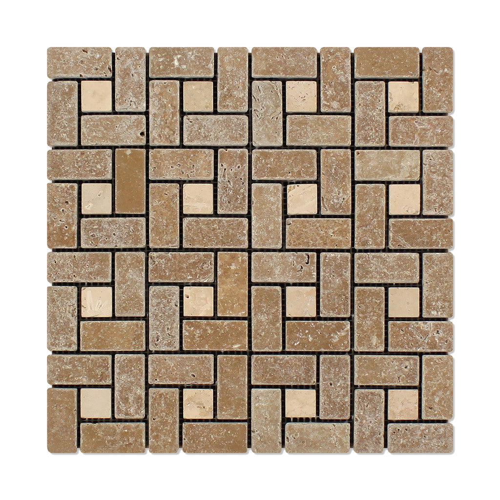 Noce Travertine Tumbled Large Pinwheel Mosaic Tile w/ Ivory Dots