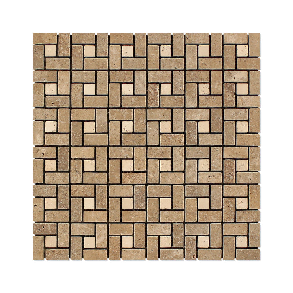 Noce Travertine Tumbled Mini Pinwheel Mosaic Tile w / Ivory Dots