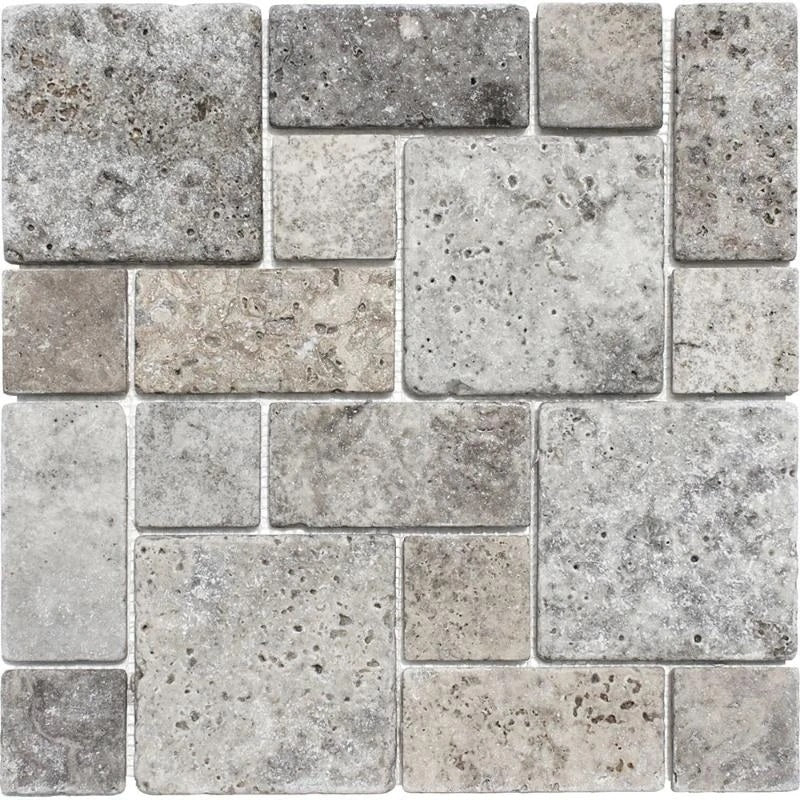 Silver Travertine 3-Pieced Mini-Pattern Tumbled Mosaic Tile